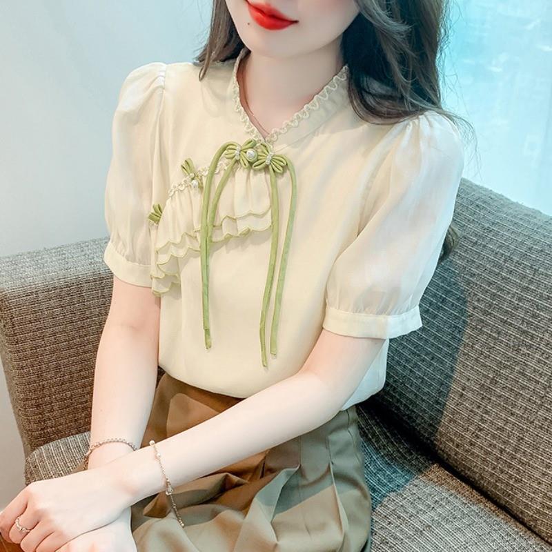 韩国chic夏季中国风个性钉珠盘扣上衣法式温柔显瘦泡泡袖小衫女装
