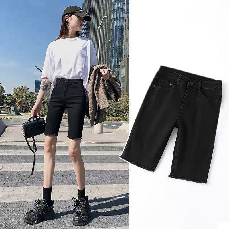 Black Raw Edge Denim Shorts for Women in Autumn and Summer New Thin High-Waisted Elastic Tight Straight Cycling Pants
