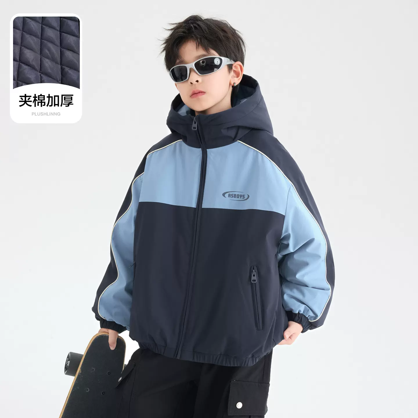 男童冬季撞色防水连帽冲锋衣棉服2025新款儿童夹棉加厚羽绒服外套