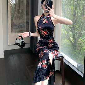 实拍 新中式国风丝绒印花旗袍收腰显瘦大摆开叉高级感连衣裙