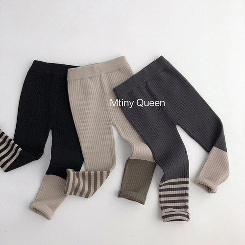 How versatile~personalized stripes~autumn and winter children's woolen leggings large elastic men's and women's knitted fashionable outer wear