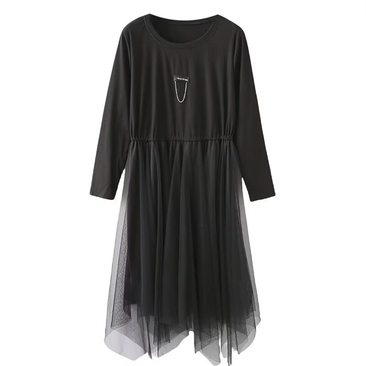 Весна 2024 Новое платье больших размеров пухлая девушка мода похудение эластичная строчка пряжа с длинным рукавом Нижняя юбка 3227