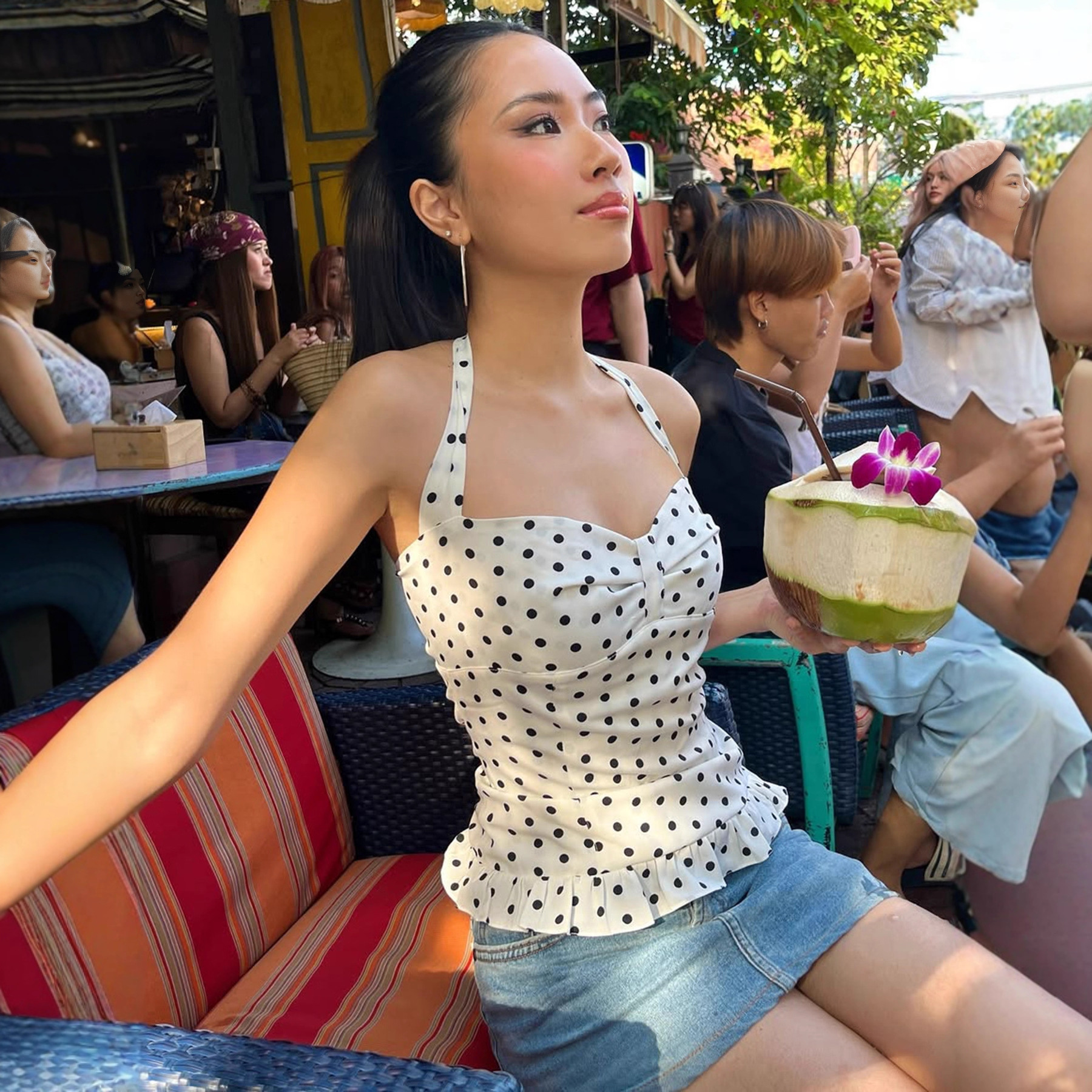 Women's Clothing Women's French Polka Dot Print Bustier Top Halter Neck Tie Vest Pure Sexy Princess Style Waist Cinching_ecoleips.com
