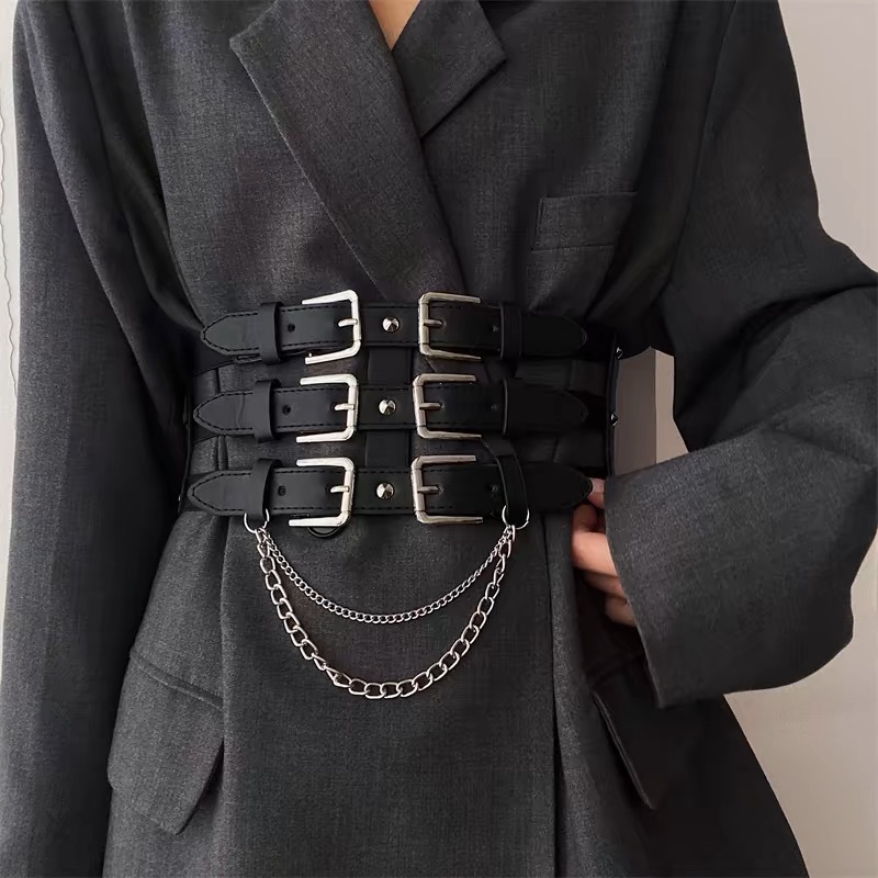 New Waistband with Waistband and Three Row Needle Buckle Ins Punk Women's Fashion Matching Dress Shirt Elastic Wide Waistband_voghion.com