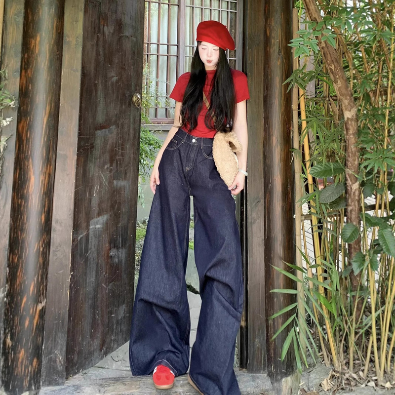 175 背の高い超ロング 180 レトロダークブルージーンズ女性の夏のハイウエストルーズドレープワイドレッグフロアモップパンツ|undefined
