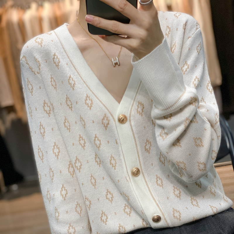26 Women's Knitted Cardigan Diamond Jacquard V-Neck Korean Style Jacket Loose Casual Spring New Knitted Cardigan