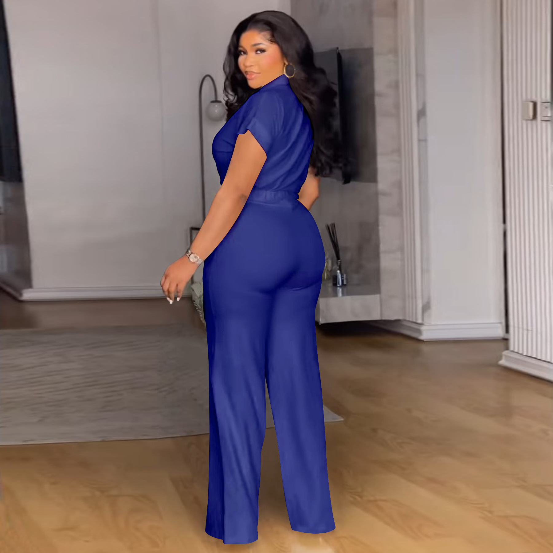 Women's Clothing Plus Size Summer Outfit High Waist Casual Pants & Solid Color Shirt Short Sleeved Two-Piece Set_ecoleips.com