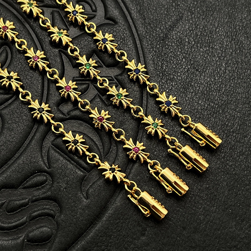 Trendy Diamond-Encrusted Thin Cross Flower Bracelet for Men and Women, Thai Silver Plated 22K Gold Hip-Hop Buckle Insert Bracelet Ins