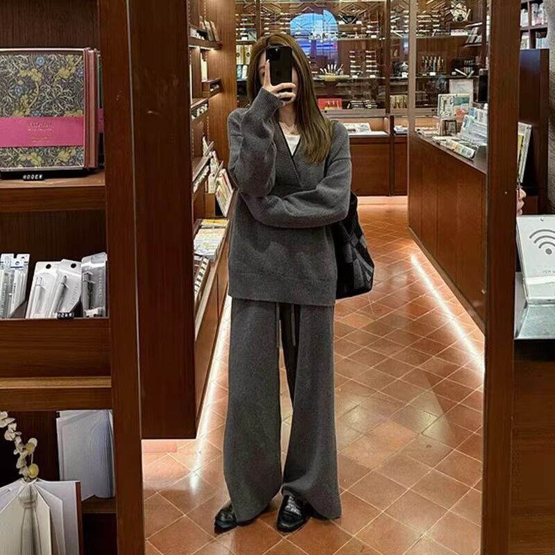 秋冬2025新款女时尚宽松大码假两件针织毛衣高级穿搭阔腿裤两件套|undefined