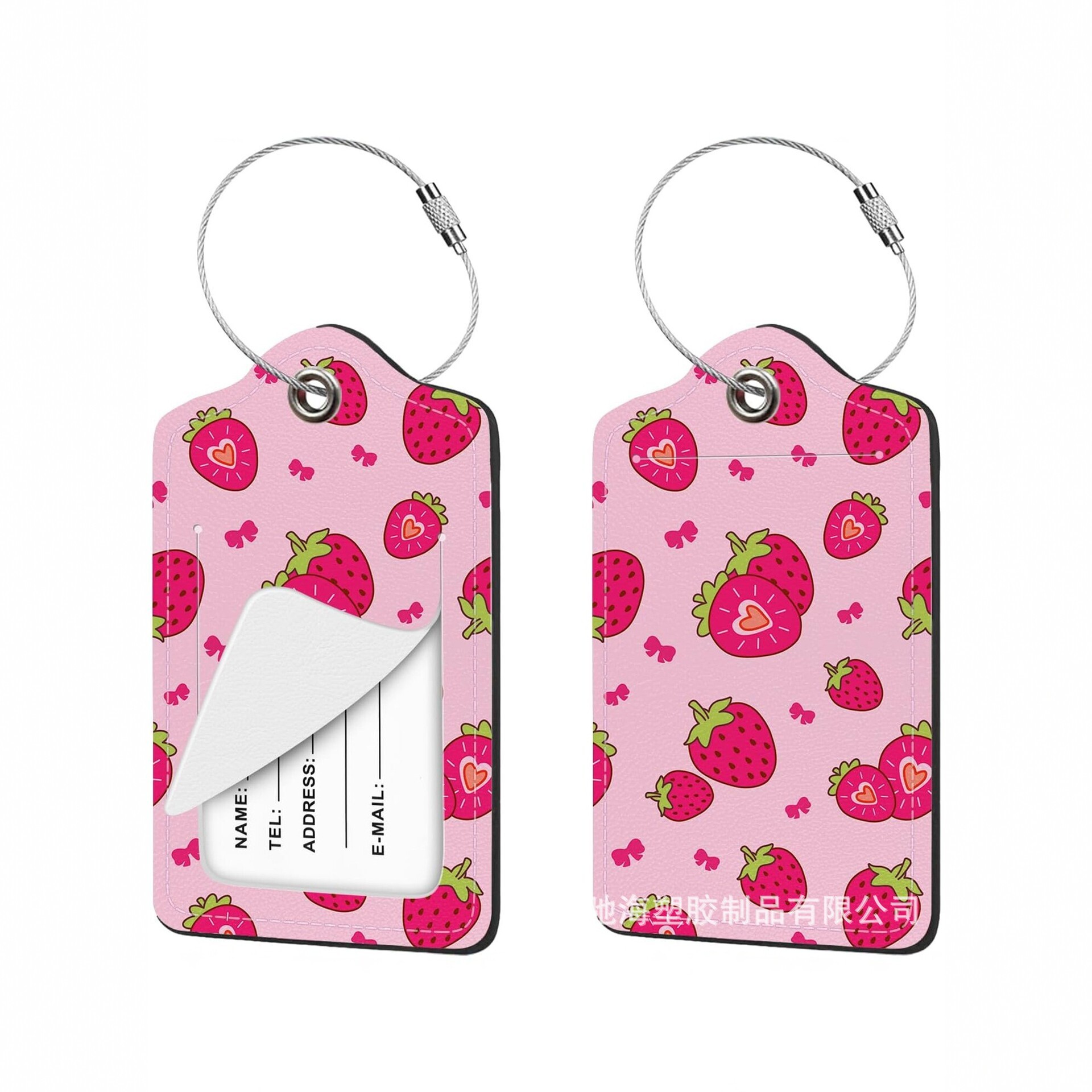 Women's Pink Strawberry Luggage Tag PU Leather Privacy Flip Luggage Tag with Steel Wire Lanyard Travel Bag Identification Tag