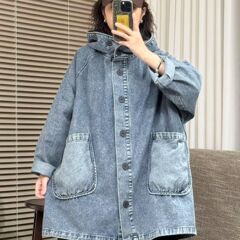 牛仔外套大码潮流宽松固色遮肉复古大版百搭大口袋连帽软牛仔外套