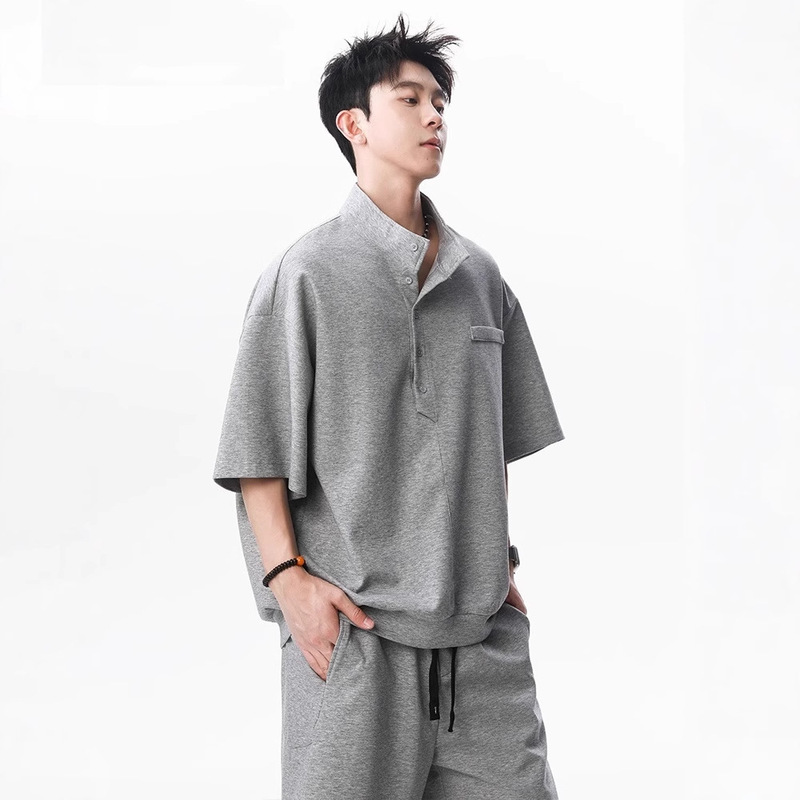 Henry Collar Short-Sleeved Polo Shirt Suit for Men, Summer Trendy Wear, Handsome and High-End Set, Casual Two-Piece Set