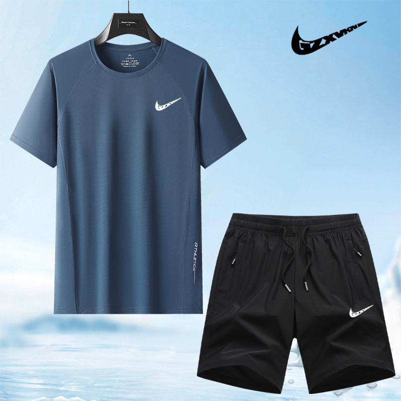Ice Silk Casual Sports Suit for Men, Summer Short-Sleeved T-Shirt and Shorts, Lightweight, Cool and Breathable Two-Piece Men's Suit