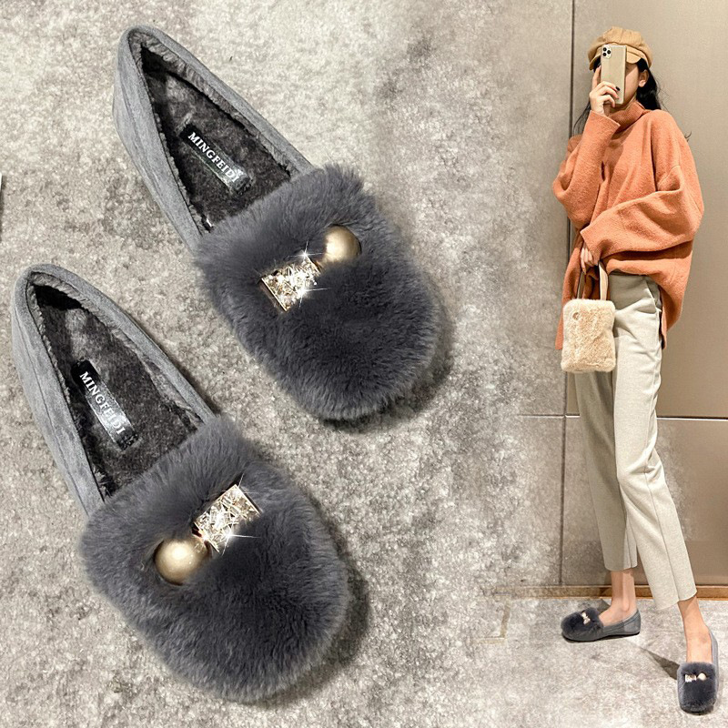 Zapatos de felpa de las mujeres ropa de invierno zapatos de guisantes forrados de lana caliente deslizamiento-En hebilla de diamante de metal piel de conejo Rex más tamaño zapatos de algodón de fondo suave image 3
