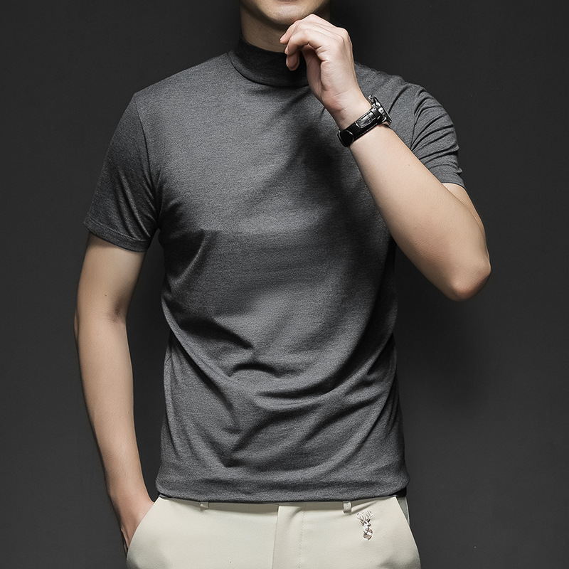 Amazon Four Seasons hombres de cuello redondo medio cuello alto manga corta Camiseta nuevo color sólido slim fit Youth Mediados de cuello de fondo superior