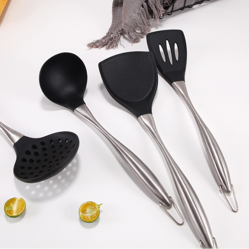 Kitchen Tools Non-stick Spatula, Silicone Kitchenware Set, Stainless Steel Hollow Handle Soup Spoon, Colander, Spatula