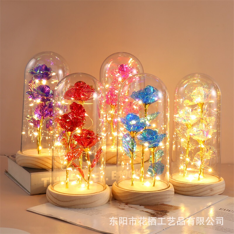 Cross-Border Glass-Covered Three-Gold-Foil-Rose Flower Lamp Ornament, Creative Valentine's Day Gift, Simulated Eternal Flower Night Light