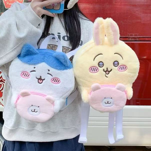 卡通ins可爱毛绒长耳朵兔子双肩包女软萌猫咪单肩包百搭休闲背包