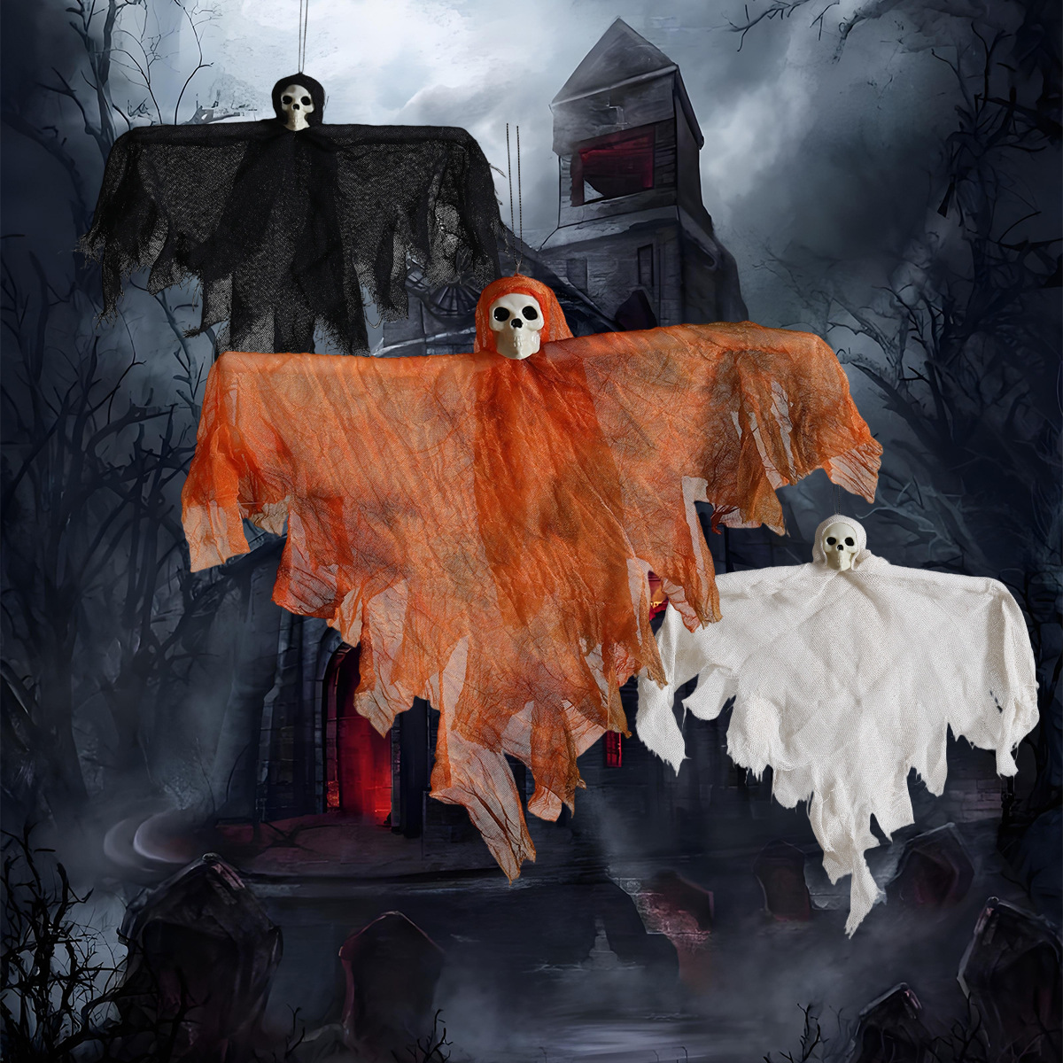 Halloween transfronterizo colgar fantasmas de tres cabezas cascada colgar fantasmas habitaciones secretas patio colgar decoración de horrores accesorios