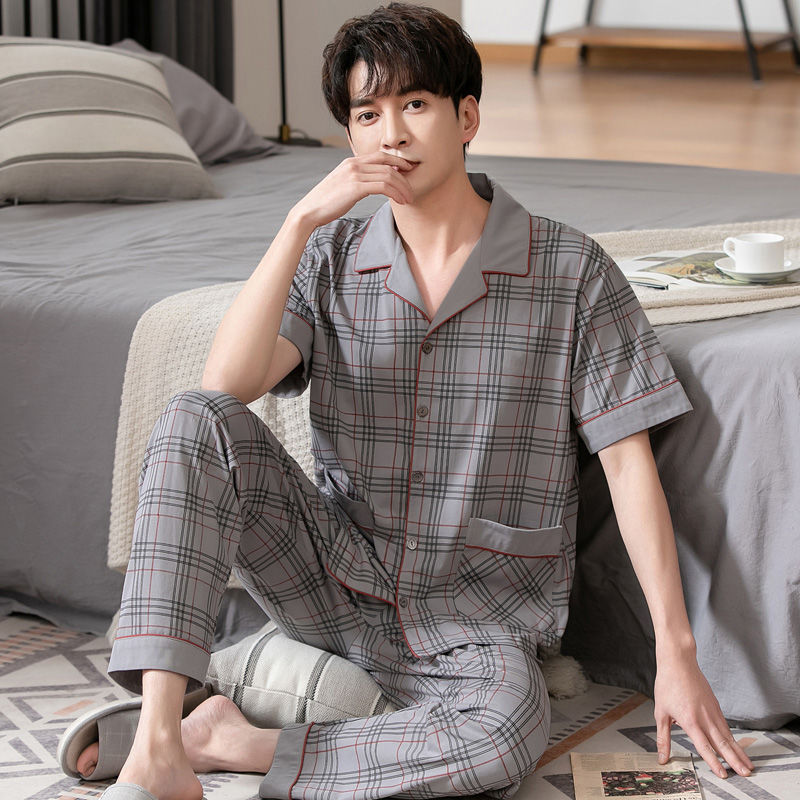 Pijamas de los hombres de verano 100% algodón pantalones de manga corta de media manga de primavera y otoño delgada cardigan ropa para el hogar más tamaño