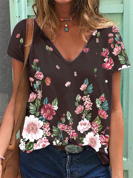 Floral V Neck T Shirt Wholesale Womens Clothing