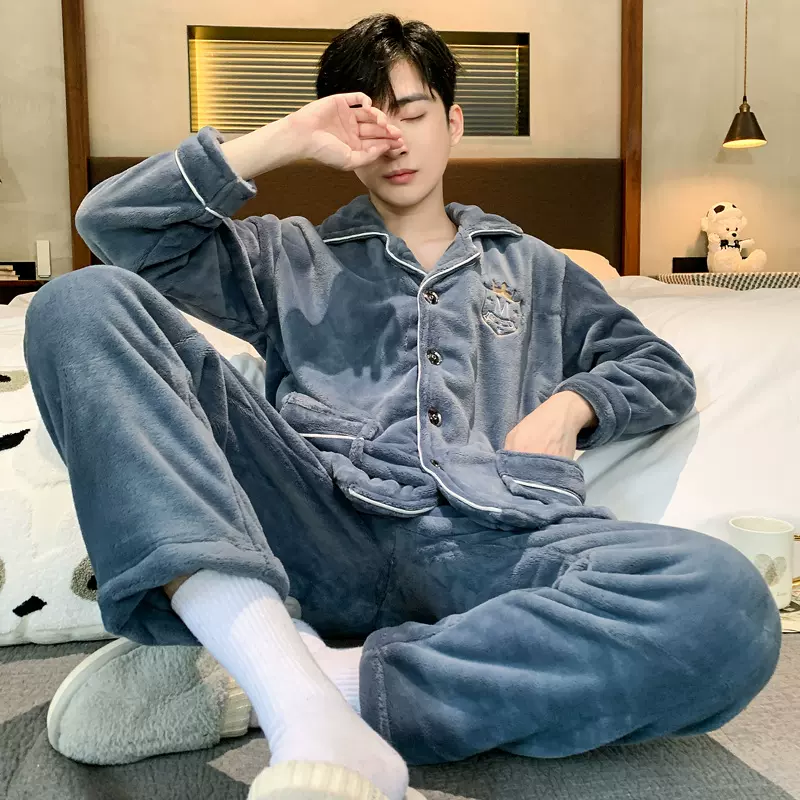 厂家批发法兰绒睡衣带兜加绒加厚秋冬季男士家居服睡袍纯色套装