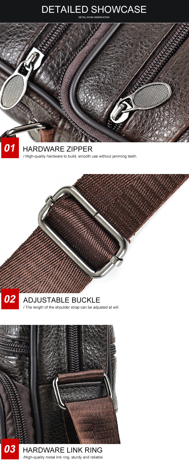 Túi đeo chéo nam da bò thật thủ công cao cấp, kiểu dáng đơn giản thời trang — đen, cà phê chi tiết 6