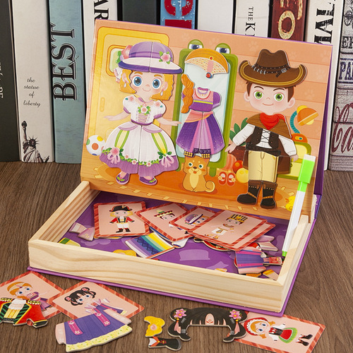 Kindergarten birthday gift children's educational magnetic cartoon character girl dress-up wooden puzzle drawing board gift box