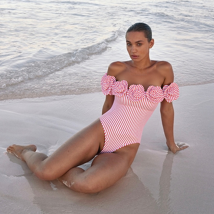 Damen Badeanzug Retro Mit Schleife Und Streifen Sowie Rüschen_voghion.com