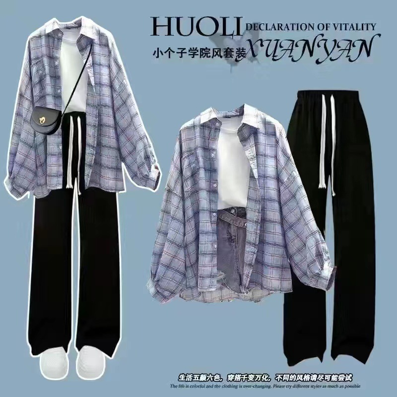 夏の女子学生韓国風ルーズ長袖チェック柄日焼け止め服シャツ+半袖Tシャツ+|undefined