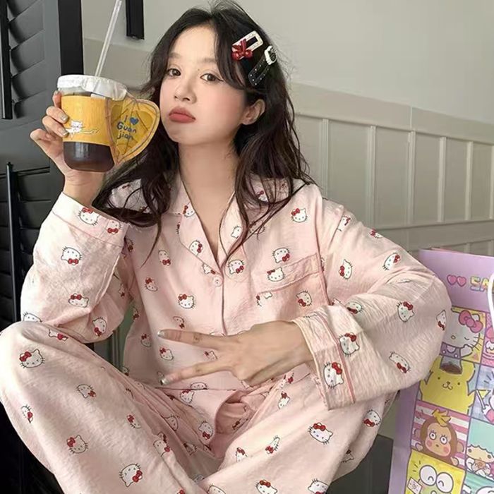 Pijamas de algodón nubes al por mayor transfronterizos primavera y otoño nuevos pantalones de manga larga de dibujos animados cardigan se pueden usar con ropa de casa