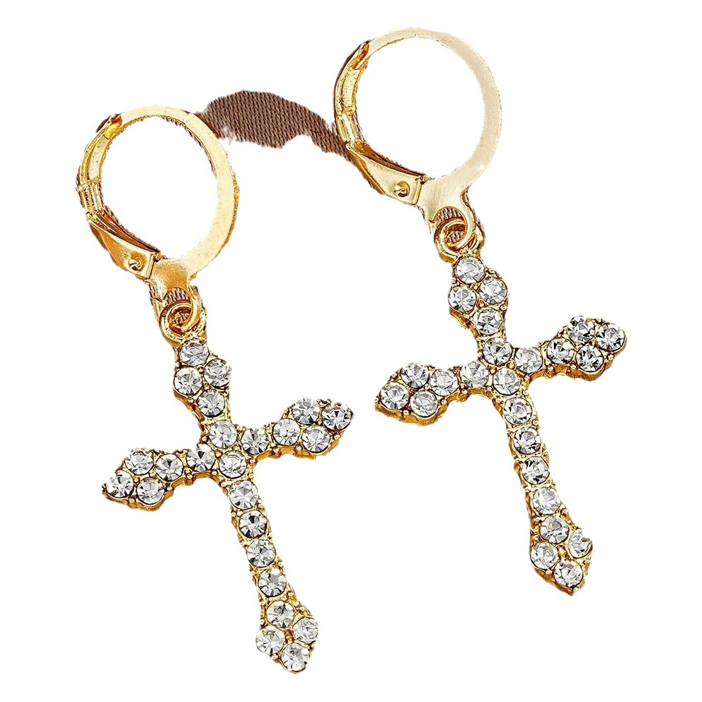 European and American cross-border hot selling cross pendant earrings female creative temperament inlaid rhinestone fashion earrings with earrings