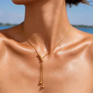 钛钢ins风抽拉可调节小金珠流苏项链镀18K金跨境欧美毛衣链锁骨链