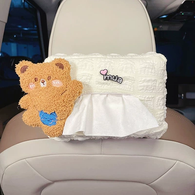 box cute cartoon chair back: Car tissue box/set - puff-white-tissue-box-brown-backpack-rainbow-clouds-mua