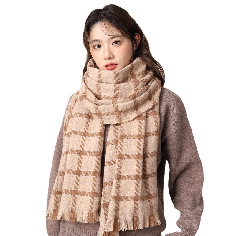 Eșarfă groasă și caldă premium pentru femei, ediție coreeană versatilă, cu model Thousand Bird Grid, iarna 2024, tendință pentru cupluri studenți_voghion.com