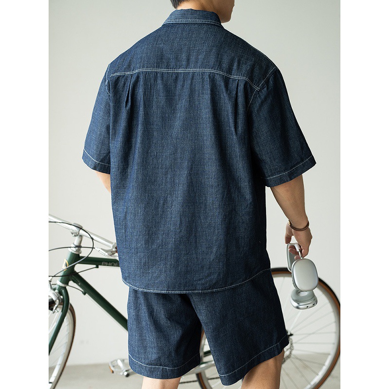 Bamboo Washed Denim Shirt Shorts Suit Men's 2025 Summer Topstitch Hand-Sewn Button Commuter Casual New Suit