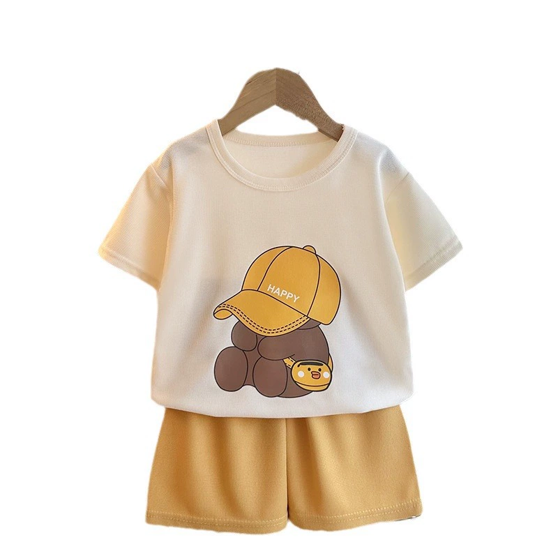 Children's Summer Two-Piece Set, Unisex Korean Style, Breathable T‑Shirt & Shorts with Baseball Hat, Sizes 80–120