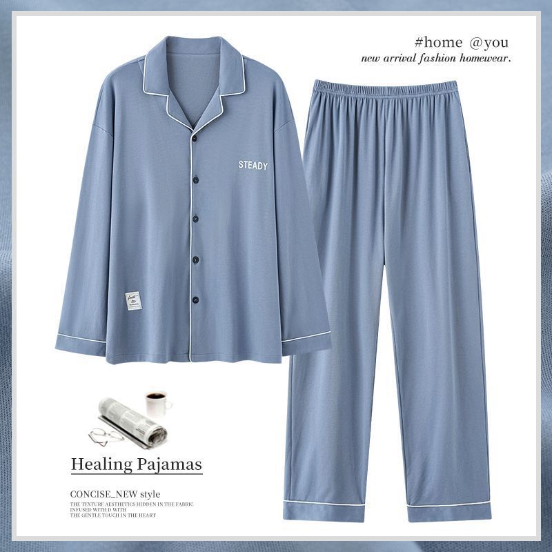 Pijamas de algodón para hombres primavera y otoño de alta calidad con solapa de manga larga, ropa de hogar para hombres de otoño y invierno se puede usar fuera