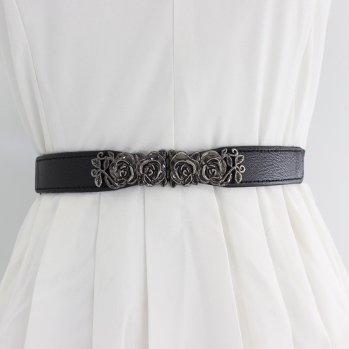 Retro Rose Button Elastic Belt Women's Decorative Dress Sweater Waist Slim Elastic Waistband Available in Four Colors