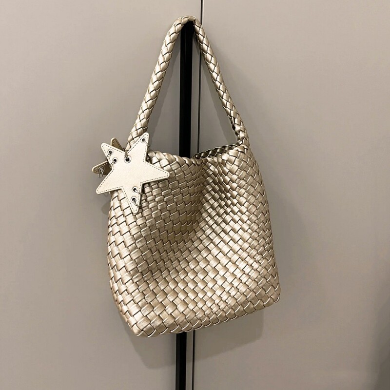 Golden silver Woven Bag Bucket Bag Women's High-end Refined Hand Bag All-match Commuter Underarm Tote Bag