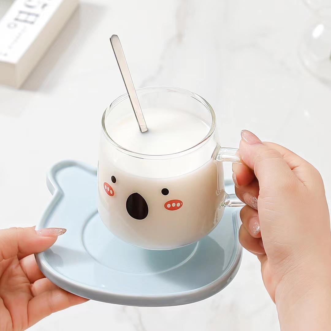 Creativo de alta apariencia de dibujos animados lindo animal expresión TAZA de vidrio taza de té de la tarde taza de café y platillo traje de combinación