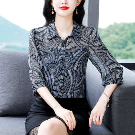 品牌桑蚕丝衬衫七分袖女2024新款时尚印花阔太太气质优雅显瘦上衣