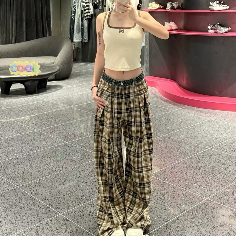 Nanyou Quality 2025 New Color-Block Plaid Denim Waistband Patchwork Plaid Pants Versatile Straight-Leg Long Pants for Women