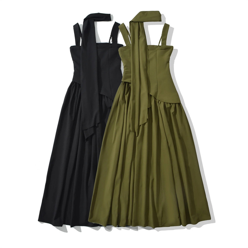 European American Style Scarf-strap Dress For Women, With A Stylish Sexy High Slit, Waist-cinching, Pleated, And Long_ecoleips.com