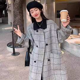 大格纹复古设计感呢子大衣外套中长款秋冬季人字纹时尚毛呢外套女