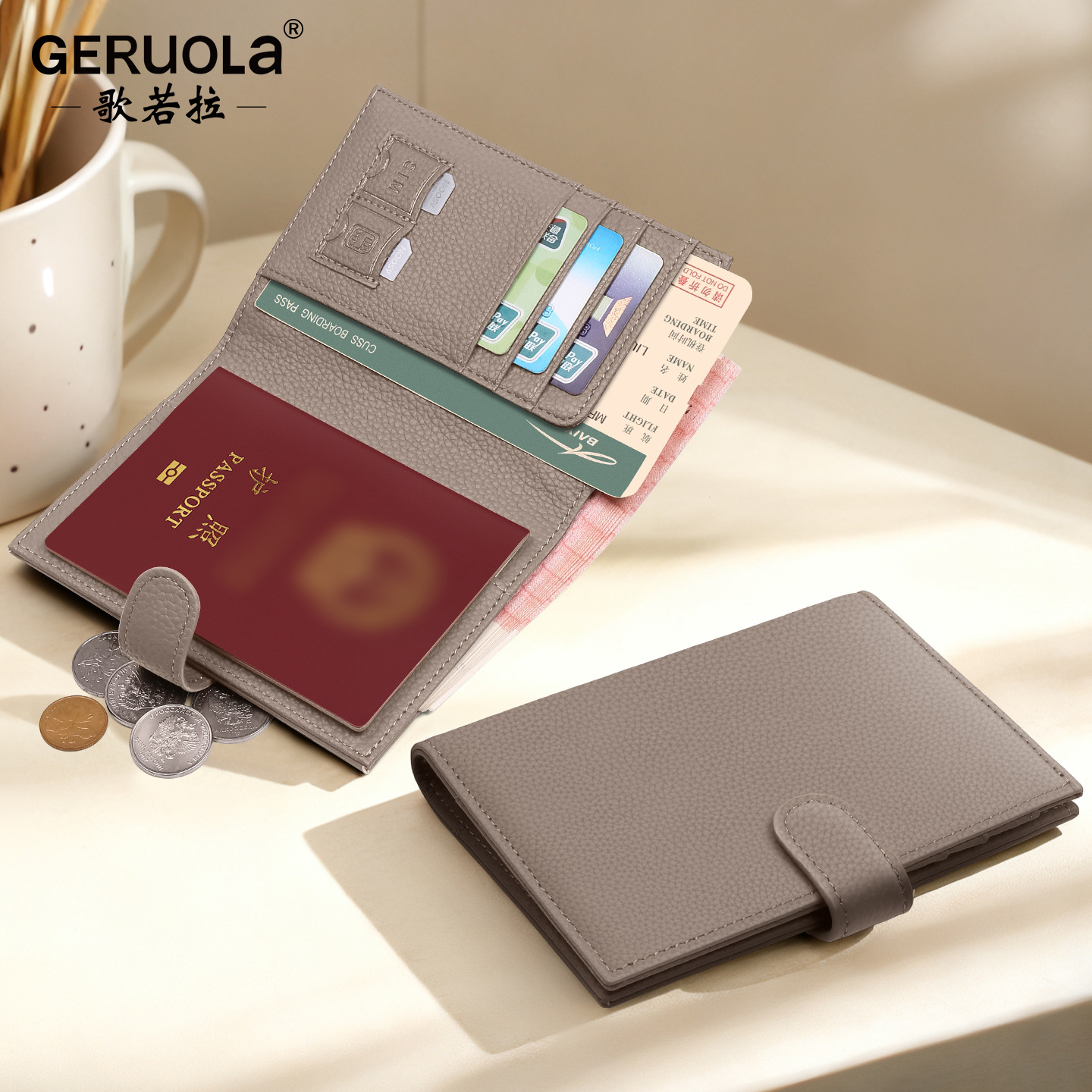 Textura de cuero genuino ultra delgada bolso de pasaporte multifuncional billetera de billete de avión nuevo pasaporte certificado bolsa de almacenamiento de cartera mujer