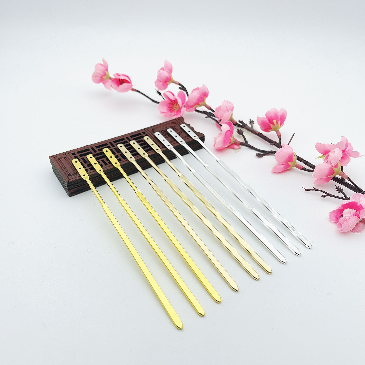 铜线压扁三孔发簪 电泳电镀保色古风步摇diy发饰配件新娘头饰直钗