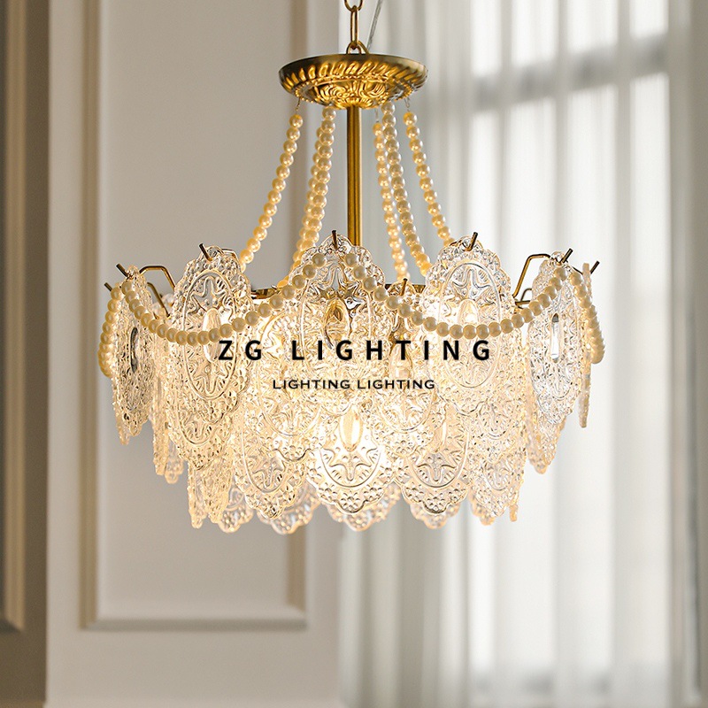 Lámpara de la corte francesa retro lujosa luz de cristal diseñador de lámparas de sala de estar iluminación de dormitorio de vidrio de perla
