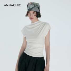 ANNACHIC线条美感_白色不规则短袖T恤女夏收腰设计师小众绝美上衣