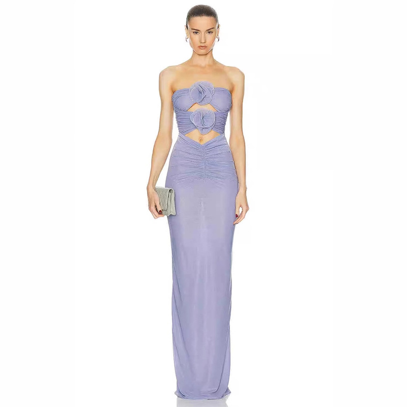 European and American Niche Thai Vacation Style Sexy Chest-Wrapped Belly-Revealing Three-Dimensional Flower Slim-Fit Hip-Hugging Long Dress Wholesale Ready Stock